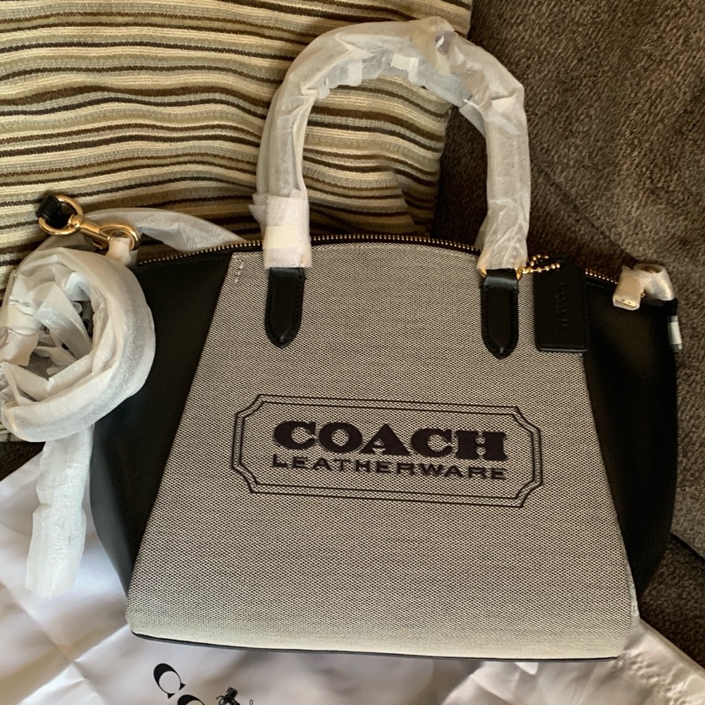Authentic COACH 1941 jacquard/calf leather logo zip top satchel/Crossbody - Picture 2 of 15